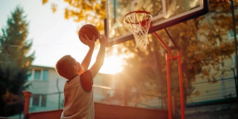 Ein Junge wirft Basketball ins Tor