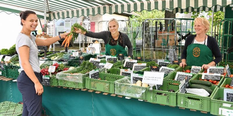 Einkaufen und Bummeln in LE Gemüsetand mit Verkäuferin und Kunden auf einem Wochenmarkt