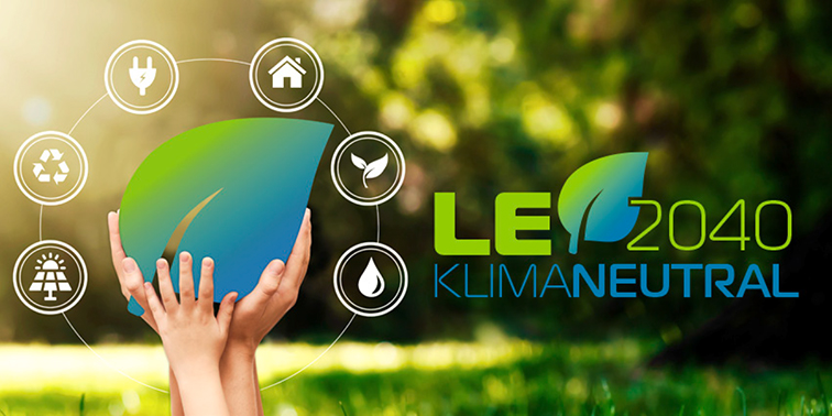 Grün-blaues Logo "LE 2040 klimaneutral" Klimaschutz & Energie