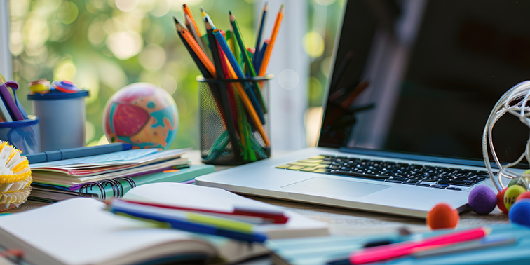 Schreibtisch mit Büchern, Heften, Stiften und Laptop