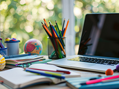 Bildung Schreibtisch mit Lernmaterial, Laptop, Schiften